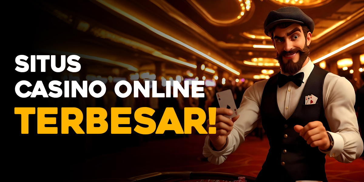 Seorang dealer bergaya kartun modern memegang kartu di meja casino, dengan suasana elegan penuh cahaya dan pengunjung di latar belakang.